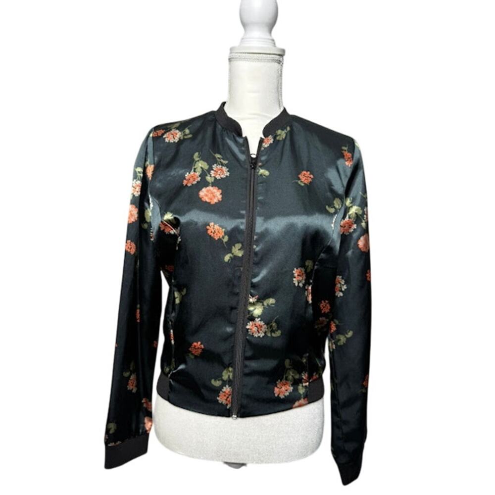 JUSTFAB Womens Satiny Black Floral Print Bomber Jacket Size Small European Retro